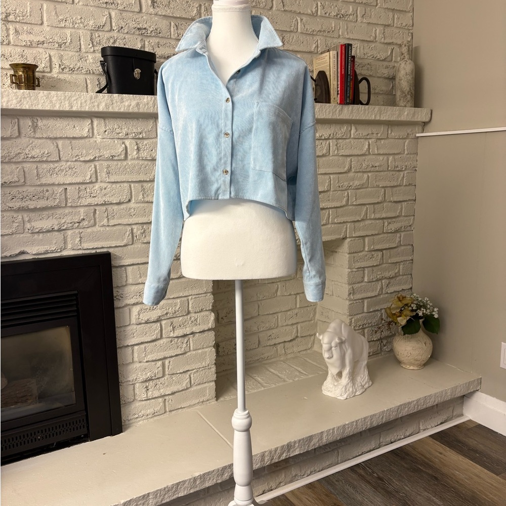 Streetwear Society Light Blue Corduroy Cropped Button Down Shirt Medium